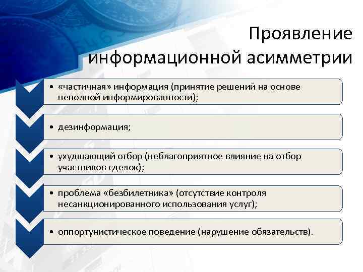 Проявление информационной асимметрии • «частичная» информация (принятие решений на основе неполной информированности); • дезинформация;