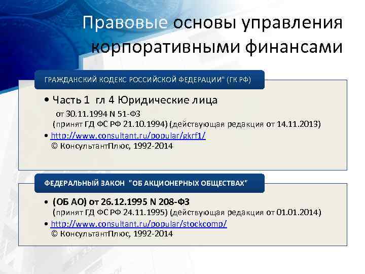 Правовые основы управления корпоративными финансами ГРАЖДАНСКИЙ КОДЕКС РОССИЙСКОЙ ФЕДЕРАЦИИ