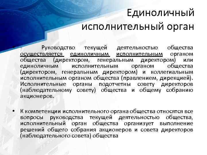 Единоличный исполнительный орган • Руководство текущей деятельностью общества осуществляется единоличным исполнительным органом общества (директором,