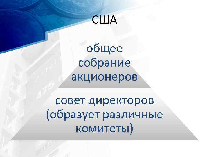 США общее собрание акционеров совет директоров (образует различные комитеты) 