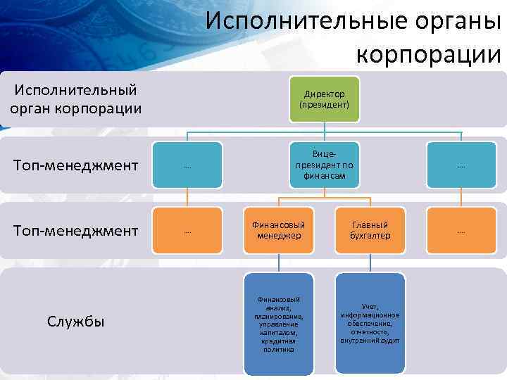 Исполнительные органы корпорации Исполнительный орган корпорации Директор (президент) Топ менеджмент …. Вице президент по