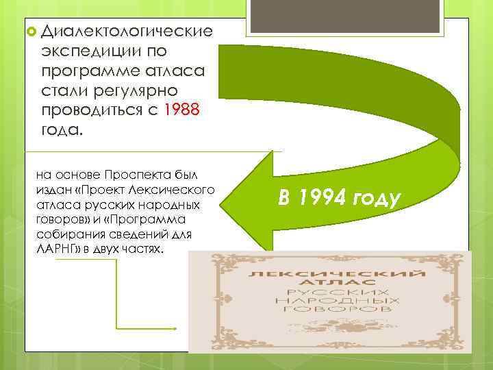  Диалектологические экспедиции по программе атласа стали регулярно проводиться с 1988 года. на основе