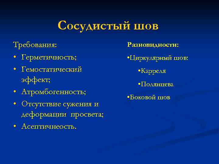 Сосудистый шов Требования: • Герметичность; • Гемостатический эффект; • Атромбогенность; • Отсутствие сужения и