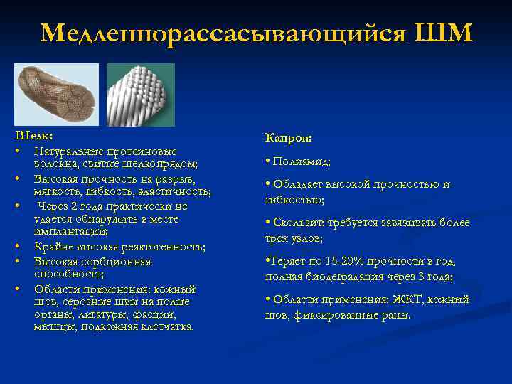 Медленнорассасывающийся ШМ Шелк: • Натуральные протеиновые волокна, свитые шелкопрядом; • Высокая прочность на разрыв,