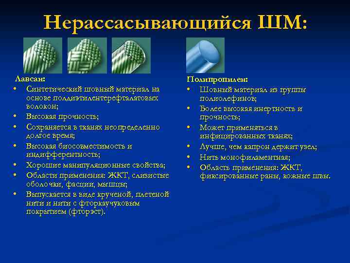 Нерассасывающийся ШМ: Лавсан: • Синтетический шовный материал на основе полдиэтилентерефталатовых волокон; • Высокая прочность;