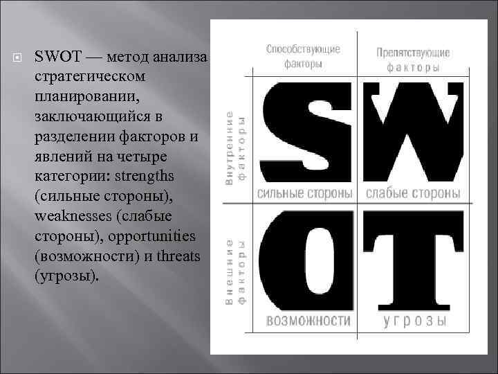  SWOT — метод анализа в стратегическом планировании, заключающийся в разделении факторов и явлений