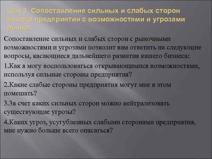 Шаг 3. Сопоставление сильных и слабых сторон вашего предприятия с возможностями и угрозами рынка.