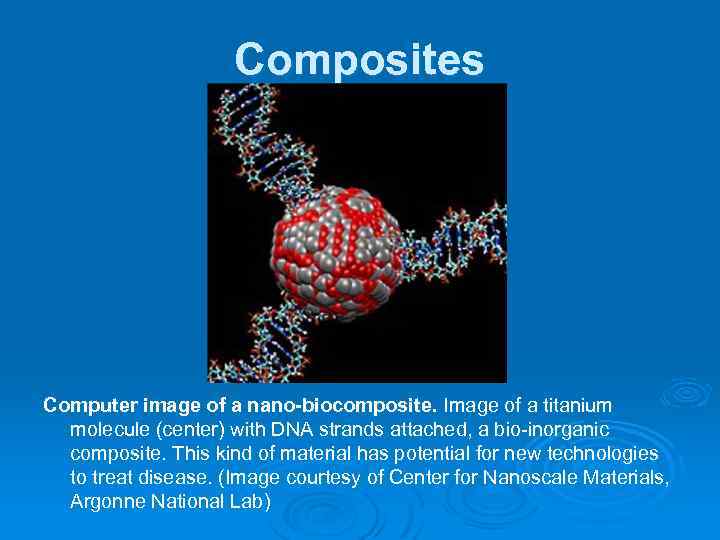 Composites Computer image of a nano-biocomposite. Image of a titanium molecule (center) with DNA