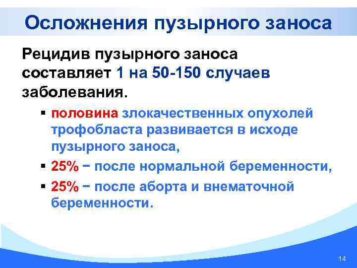 Осложнения пузырного заноса Рецидив пузырного заноса составляет 1 на 50 -150 случаев заболевания. §