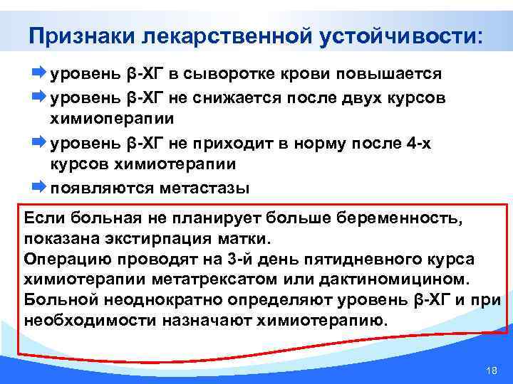 Признаки лекарственной устойчивости: уровень β-ХГ в сыворотке крови повышается уровень β-ХГ не снижается после