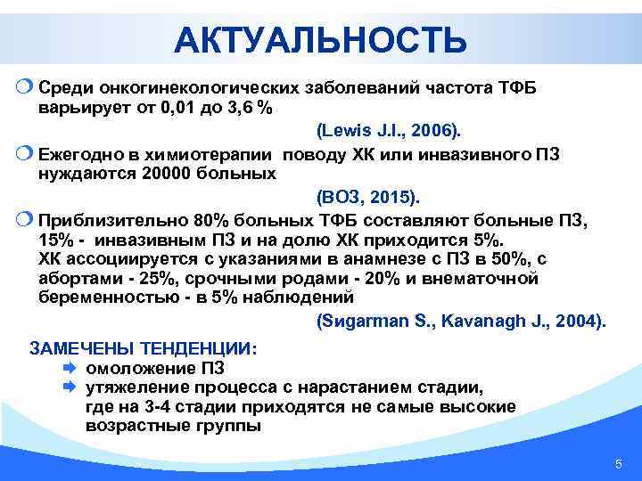 АКТУАЛЬНОСТЬ ¦ Среди онкогинекологических заболеваний частота ТФБ варьирует от 0, 01 до 3, 6