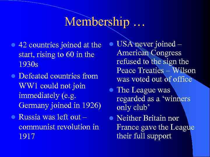 Membership … 42 countries joined at the l USA never joined – American Congress