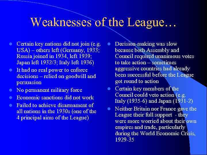 Weaknesses of the League… l l l Certain key nations did not join (e.