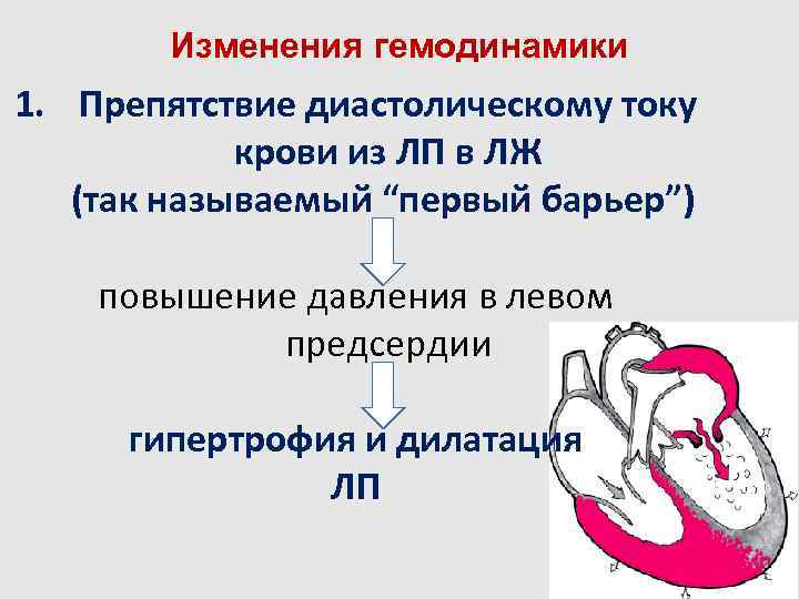 Изменения гемодинамики 1. Препятствие диастолическому току крови из ЛП в ЛЖ (так называемый “первый
