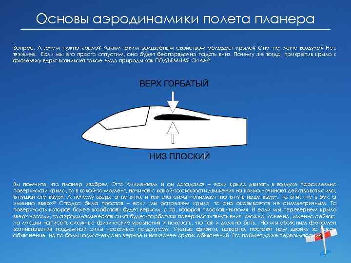 Основы аэродинамики полета планера Вопрос. А зачем нужно крыло? Каким таким волшебным свойством обладает
