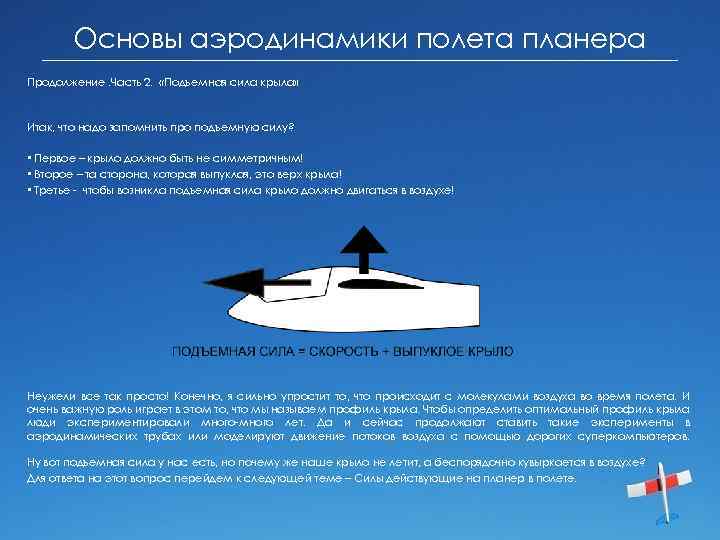 Основы аэродинамики полета планера Продолжение. Часть 2. «Подъемная сила крыла» Итак, что надо запомнить