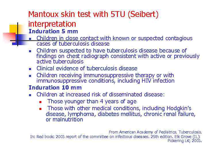 Mantoux skin test with 5 TU (Seibert) interpretation Induration 5 mm n Children in