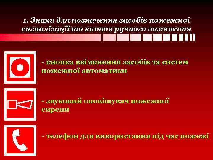 1. Знаки для позначення засобів пожежної сигналізації та кнопок ручного вимкнення - кнопка ввімкнення