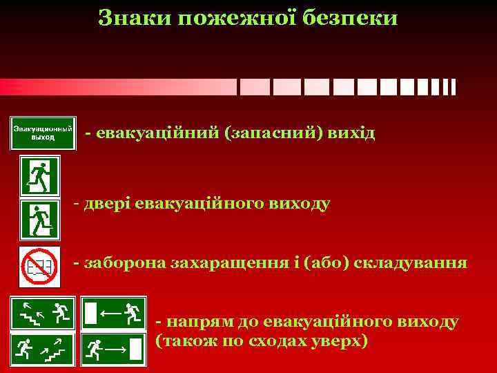 Знаки пожежної безпеки - евакуаційний (запасний) вихід - двері евакуаційного виходу - заборона захаращення