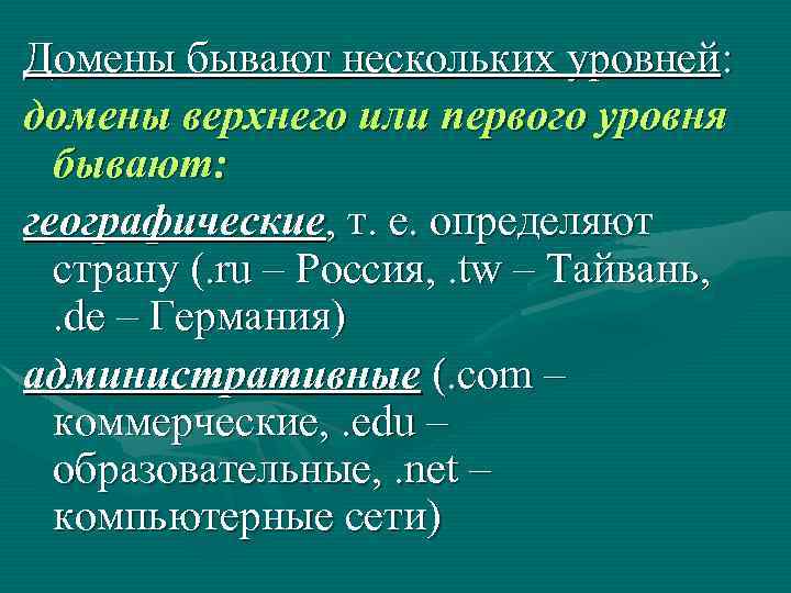 Домены бывают нескольких уровней: домены верхнего или первого уровня бывают: географические, т. е. определяют