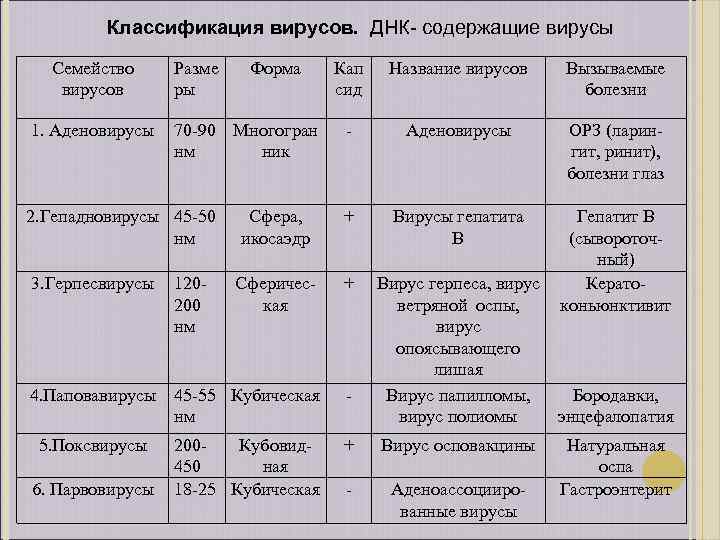 Классификация вирусов. ДНК- содержащие вирусы Семейство вирусов 1. Аденовирусы Разме ры Форма Кап сид