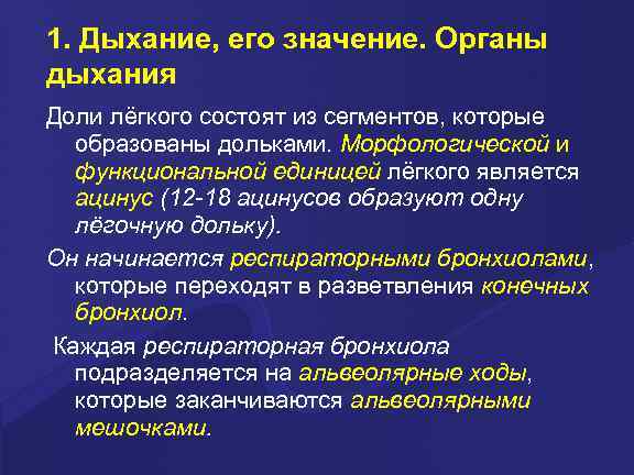 1. Дыхание, его значение. Органы дыхания Доли лёгкого состоят из сегментов, которые образованы дольками.