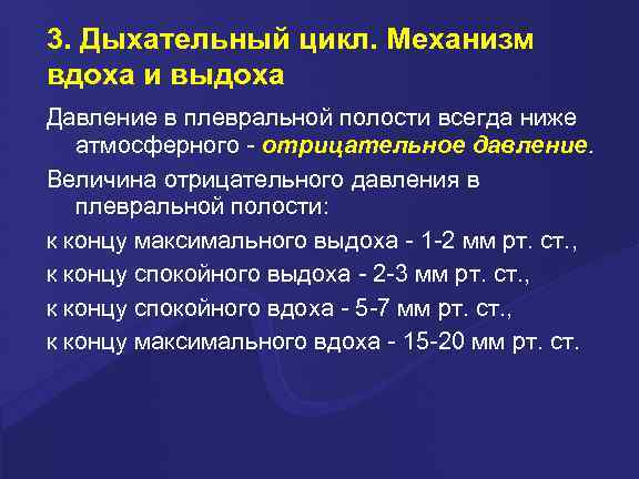 3. Дыхательный цикл. Механизм вдоха и выдоха Давление в плевральной полости всегда ниже атмосферного