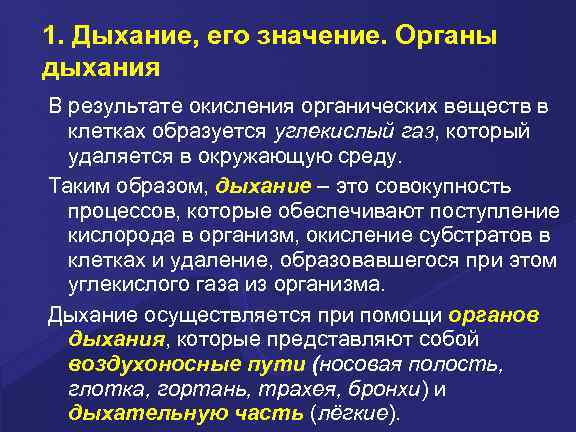 1. Дыхание, его значение. Органы дыхания В результате окисления органических веществ в клетках образуется