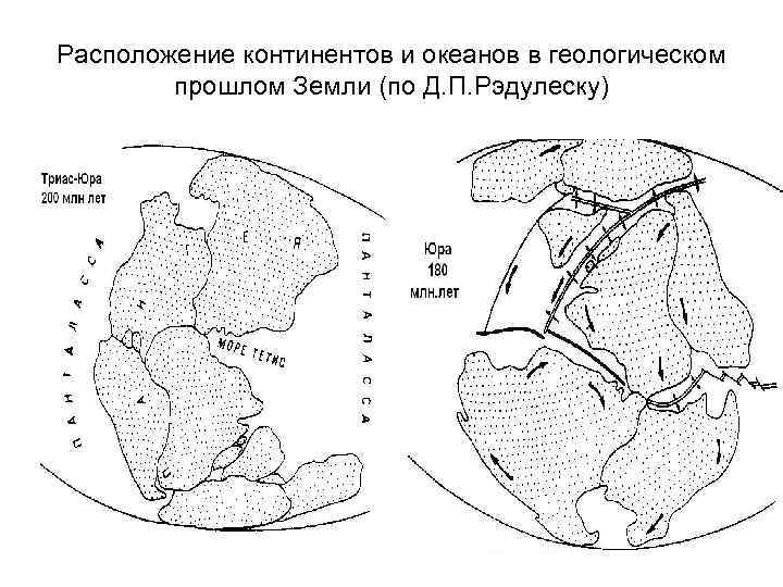 Расположение континентов и океанов в геологическом прошлом Земли (по Д. П. Рэдулеску) 