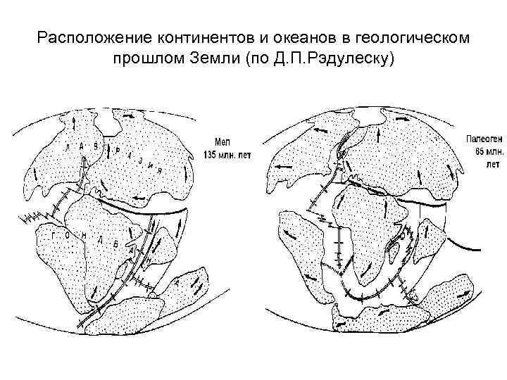 Расположение континентов и океанов в геологическом прошлом Земли (по Д. П. Рэдулеску) 