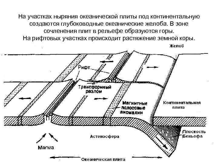 На участках ныряния океанической плиты под континентальную создаются глубоководные океанические желоба. В зоне сочленения