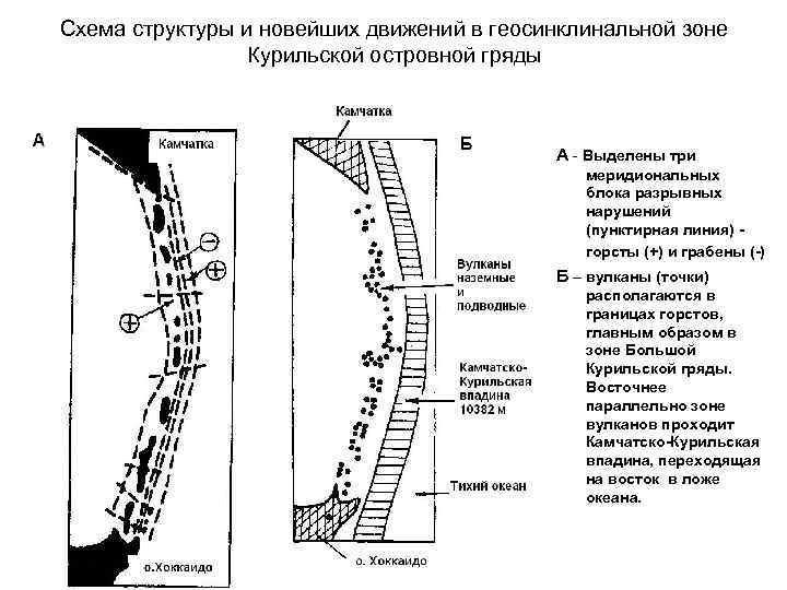 Схема структуры и новейших движений в геосинклинальной зоне Курильской островной гряды А - Выделены