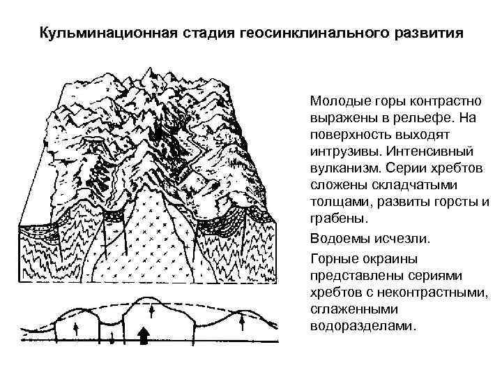 Кульминационная стадия геосинклинального развития Молодые горы контрастно выражены в рельефе. На поверхность выходят интрузивы.