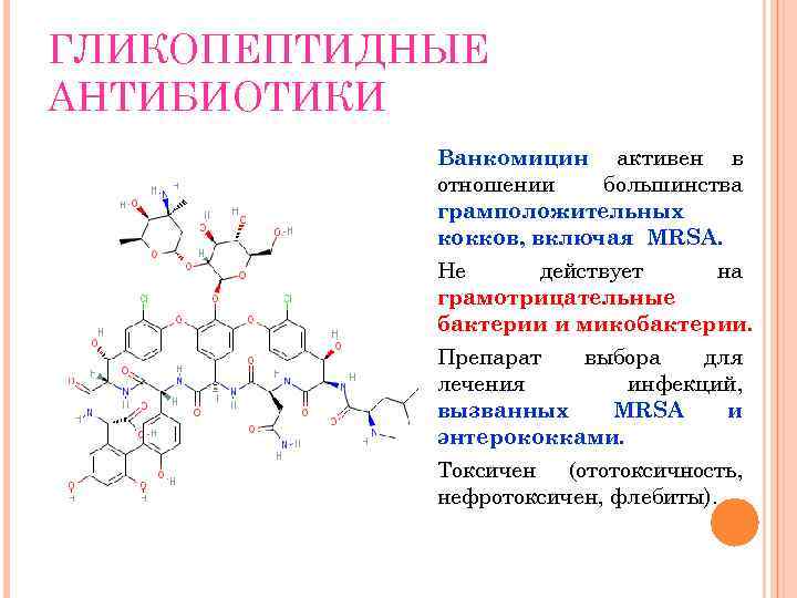 ГЛИКОПЕПТИДНЫЕ АНТИБИОТИКИ Ванкомицин активен в отношении большинства грамположительных кокков, включая MRSA. Не действует на