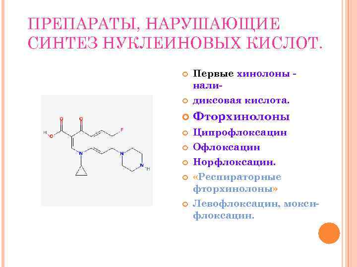 ПРЕПАРАТЫ, НАРУШАЮЩИЕ СИНТЕЗ НУКЛЕИНОВЫХ КИСЛОТ. Первые хинолоны налидиксовая кислота. Фторхинолоны Ципрофлоксацин Офлоксацин Норфлоксацин. «Респираторные