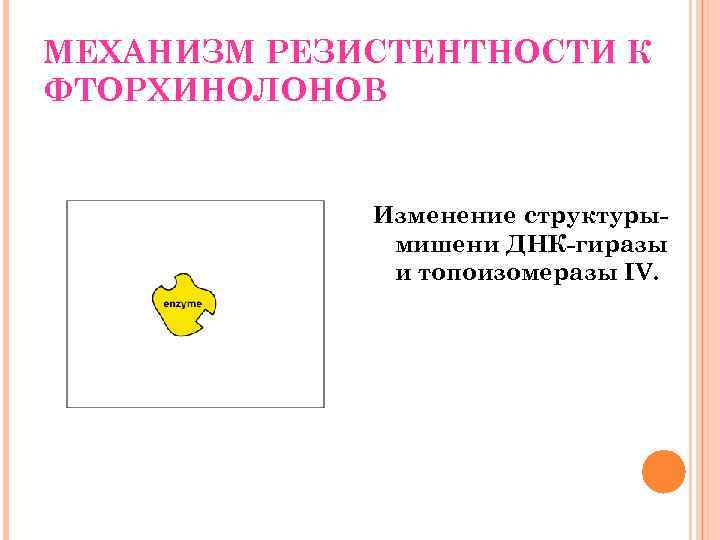 МЕХАНИЗМ РЕЗИСТЕНТНОСТИ К ФТОРХИНОЛОНОВ Изменение структурымишени ДНК-гиразы и топоизомеразы IV. 