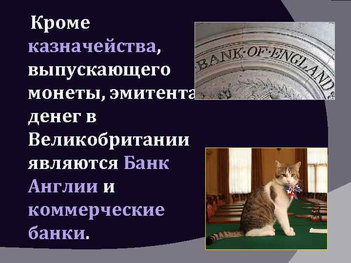 Кроме казначейства, выпускающего монеты, эмитентами денег в Великобритании являются Банк Англии и коммерческие банки.