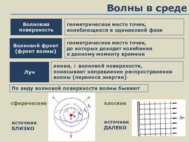 Волны в среде Волновая поверхность Волновой фронт (фронт волны) Луч геометрическое место точек, колеблющихся