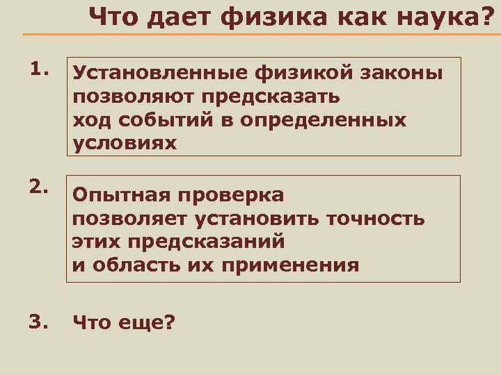 Что дает физика как наука? 1. Установленные физикой законы позволяют предсказать ход событий в