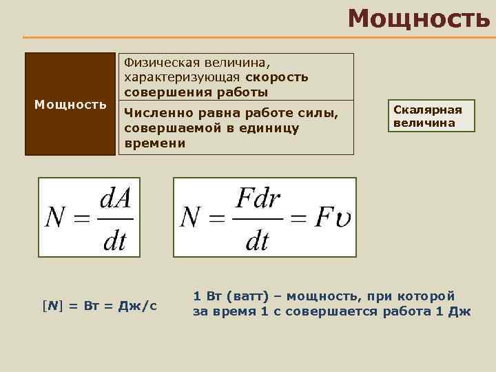 Мощность Физическая величина, характеризующая скорость совершения работы Численно равна работе силы, совершаемой в единицу