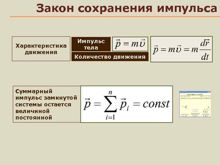 Закон сохранения импульса Характеристика движения Импульс тела Количество движения Суммарный импульс замкнутой системы остается