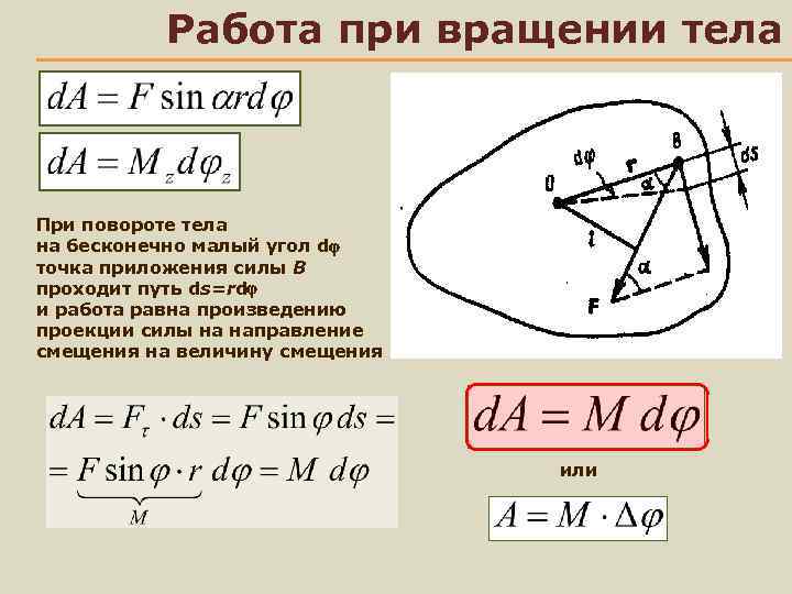 Работа при вращении тела При повороте тела на бесконечно малый угол d точка приложения