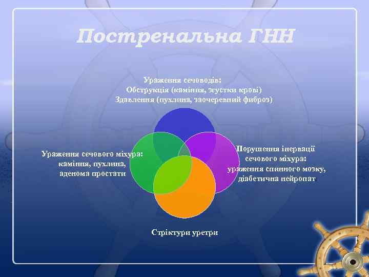 Постренальна ГНН Ураження сечоводів: Обструкція (каміння, згустки крові) Здавлення (пухлина, заочеревний фиброз) Порушення інервації