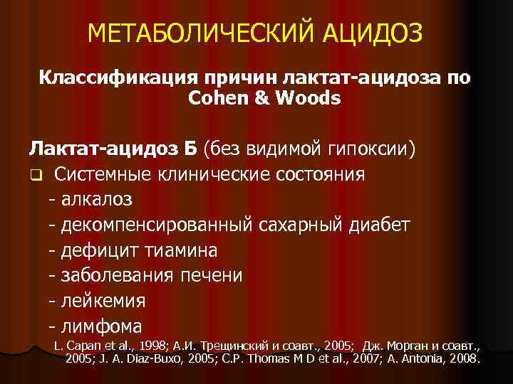 МЕТАБОЛИЧЕСКИЙ АЦИДОЗ Классификация причин лактат-ацидоза по Cohen & Woods Лактат-ацидоз Б (без видимой гипоксии)