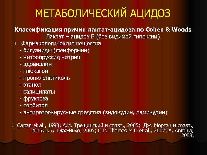 МЕТАБОЛИЧЕСКИЙ АЦИДОЗ Классификация причин лактат-ацидоза по Cohen & Woods Лактат – ацидоз Б (без