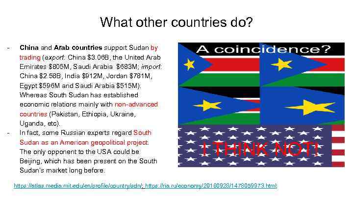 What other countries do? - - China and Arab countries support Sudan by trading