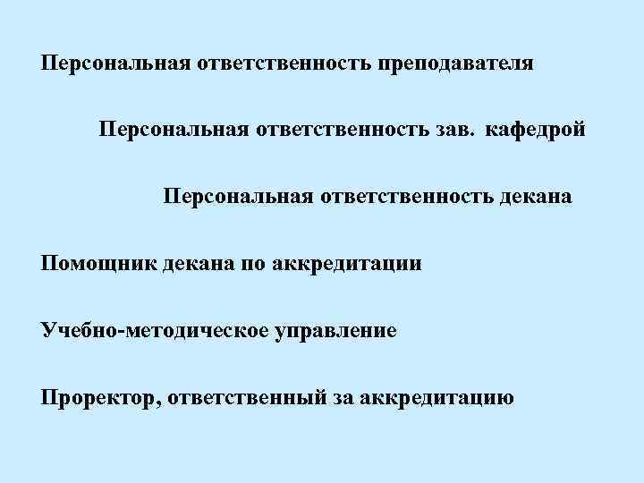 Персональная ответственность преподавателя Персональная ответственность зав. кафедрой Персональная ответственность декана Помощник декана по аккредитации