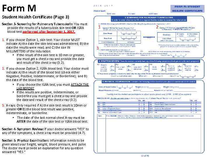 Form M Student Health Certificate (Page 3) Section 3 - Screening for Pulmonary Tuberculosis: