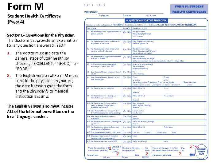 Form M Student Health Certificate (Page 4) Section 6 - Questions for the Physician: