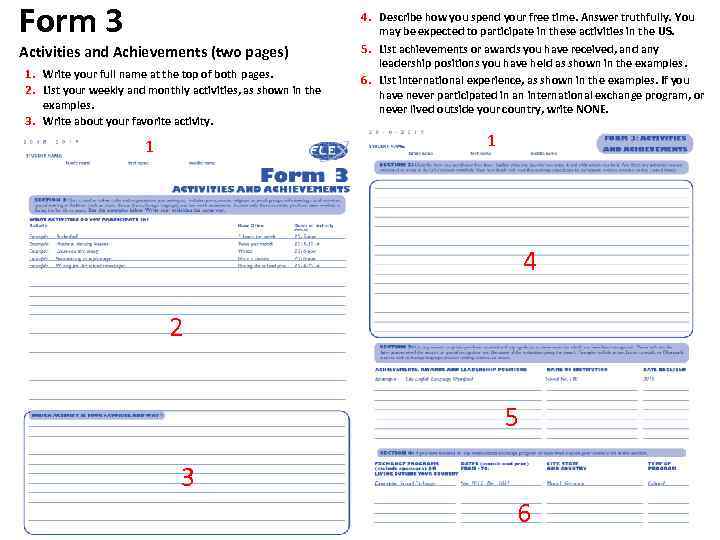 Form 3 Activities and Achievements (two pages) 1. Write your full name at the